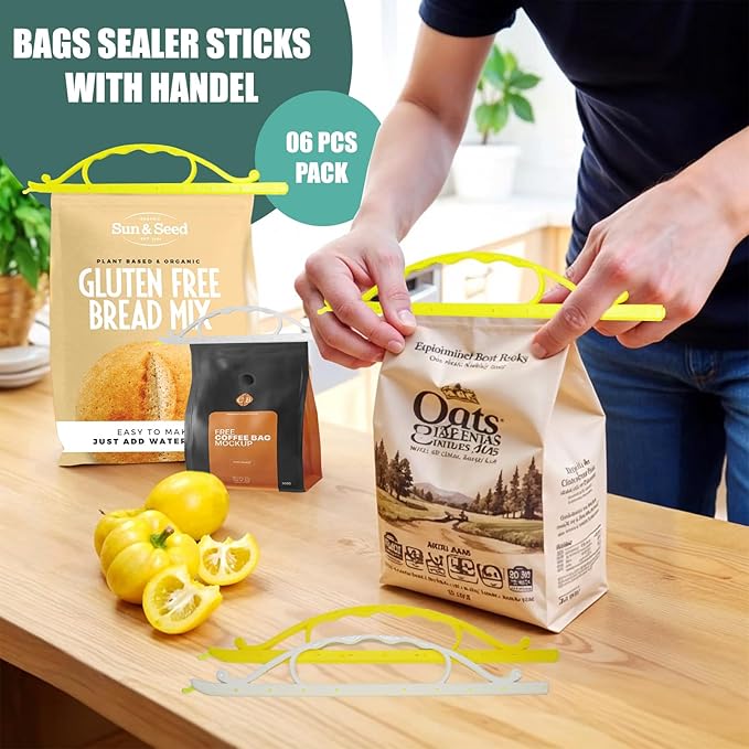 6 pcs Magic Bag Sealer Stick with handle, Airtight Watertight Seal for all food Bags types. Bag Sealer Stick-HEAVY DUTY, Stay Fresh, chips Bag Sealer Sticks, 3 Diffrent Sizes (2-XL, 2-L, 2-M)
