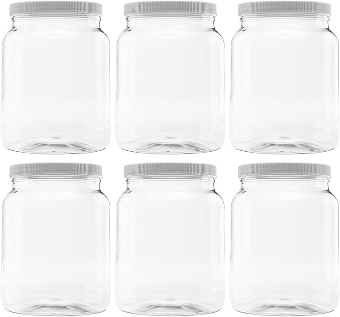 6 Pack of 64 Ounce Plastic Half Gallon Jars with 110/400 Leak Proof Seal Lid - Food Grade and BPA Free (64oz, 6pk)