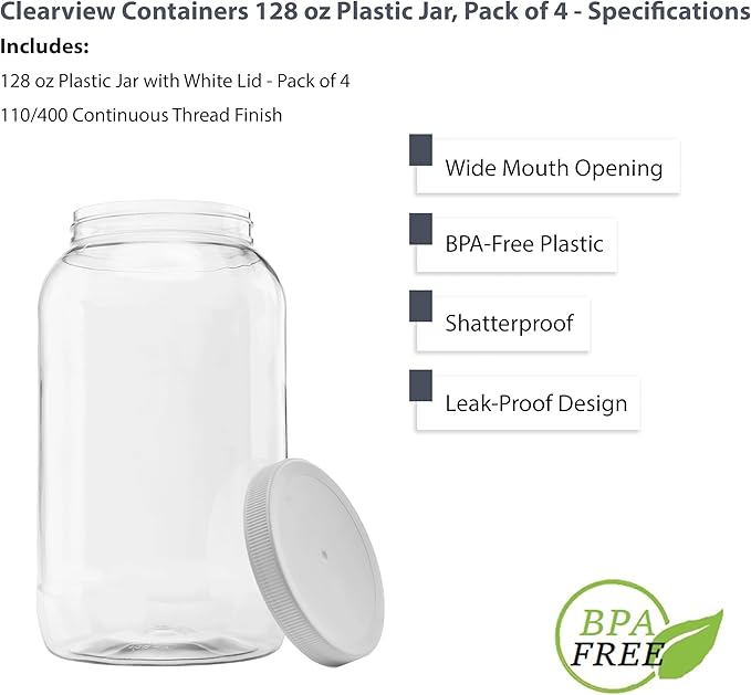 4 Pack of 128 Ounce Plastic Gallon Jars with 110/400 Leak Proof Seal Lid - Food Grade and BPA Free (128oz, 4pk)