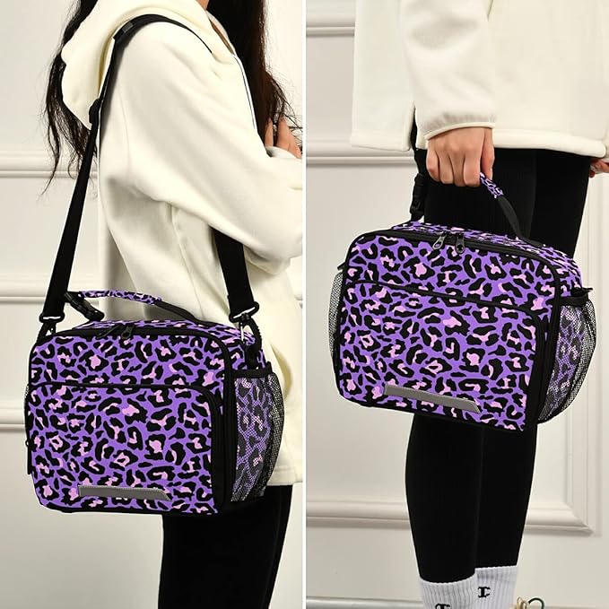 MNSRUU Student Lunch Bag Neon Purple And Pink Leopard Insulated Lunch Totes Picnic Bag Lunch Box with Adjustable Shoulder Strap for Teen Kids Adults