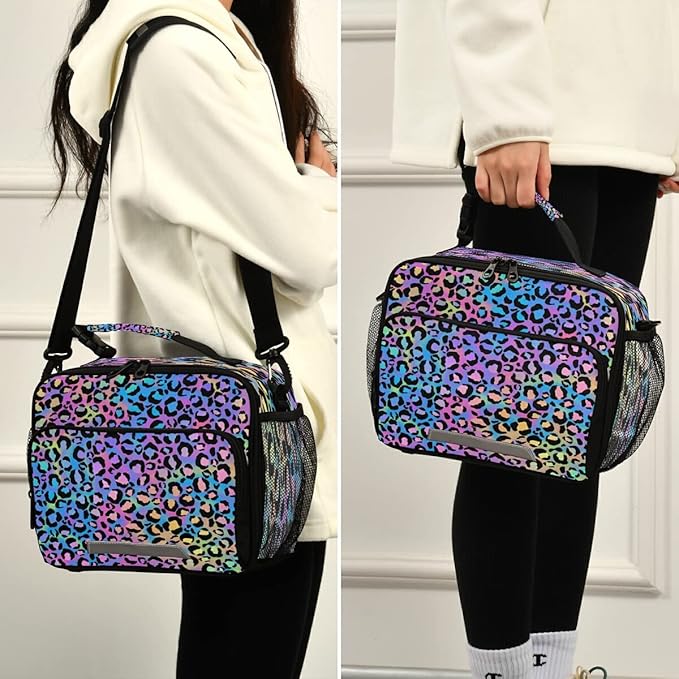 MNSRUU Student Lunch Bag Rainbow Leopard Insulated Lunch Totes Picnic Bag Lunch Box with Adjustable Shoulder Strap for Teen Kids Adults