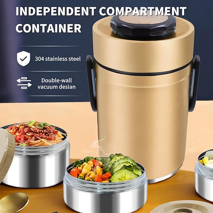 67oz Thermos for Hot Food, 3 Layered Stackable Insulated Lunch Box, Soup Thermos Jar Comes with an insulated bag, suitable for office lunches and outdoor dining, among other uses (Gold)