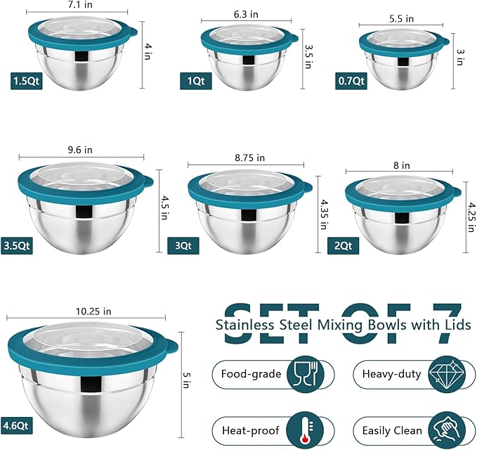 P&P CHEF Mixing Bowl with Lid Set, Stainless Steel Nesting Salad Bowls for Cooking Serving Prepping, Clear Lids & Stackable Design, Size 4.6, 3.5, 3, 2, 1.5, 1, 0.7 Qt - Blue, Set of 7