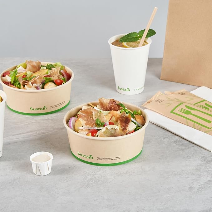 Restaurantware-Sustain 25 Ounce Sturdy Paper Take Out Boxes, 50 Round Take Out Food Containers - With PLA lining, Compostable, Bamboo Paper Containers, Disposable, Greaseproof