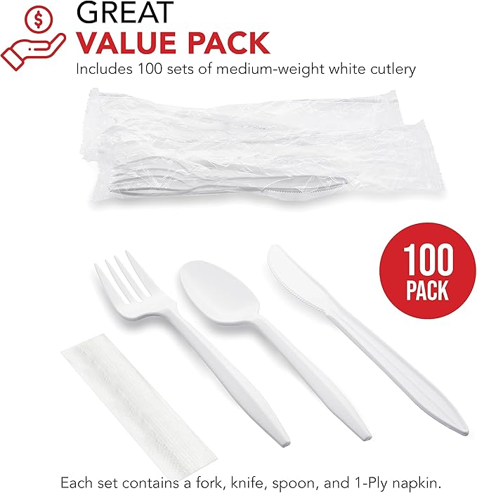 Party Essentials Individually Wrapped Plastic Cutlery Packets/Silverware Kits, White Fork/Spoon/Knife/Napkin, 100 Sets