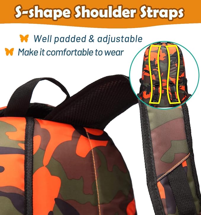 BLUEFAIRY Boys Backpacks Set for Kids Elementary School Bag with Lunch Box Teens Primary Middle School Book Bags Bookbag Schoolbag Sturdy Travel Lightweight Gifts Camo Orange