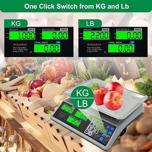 Price Computing Scale 88lb/40kg Commercial Food Scale with Price Calculator, Accurate Counting Platter, Dual LCD Display, Produce Scales for Farmer Market Retail Deli Meat Shopsr Produce Weighing