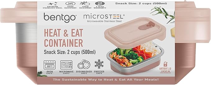 Bentgo MicroSteel Heat & Eat Container - Microwave-Safe, Sustainable & Reusable Stainless Steel Food Storage Container with Airtight Lid for Eco-Friendly Meal Prepping (Snack Size - 2 Cups)