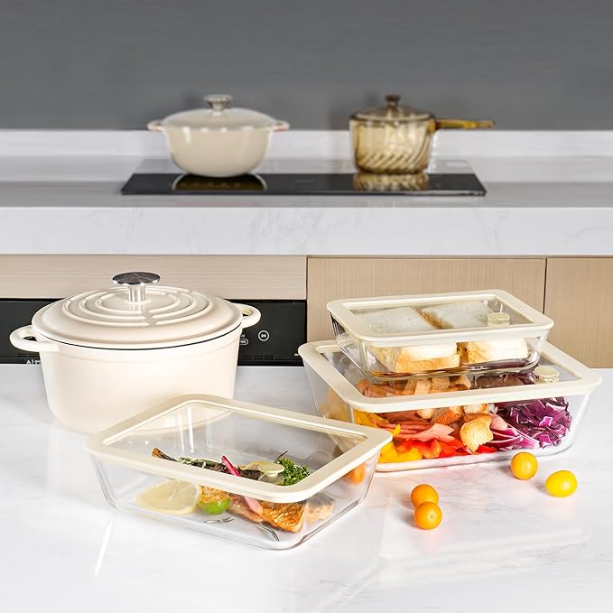 Urban Green Glass Food Container Set with Silicone Glass Lid, Large Size 3 Pack, Meal Prep Food Storage Containers with Airtight Lids, Leakproof, 100% Plastic Free, White color