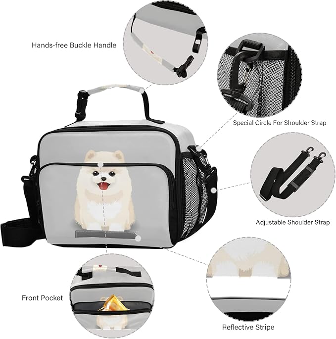 Pfrewn Dog Puppy Lunch Box for Kids Adults Pomeranian Puppy Insulated Lunch Bag with Shoulder Strap Reusable Cooler Bags Lunch Tote for Office School Girls Boys Teens