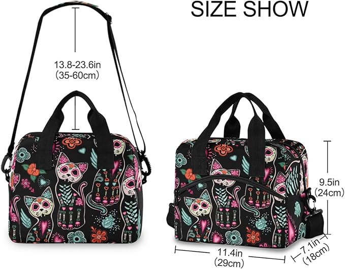 Death and Halloween Cats Insulated Lunch Bag Reusable Lunch Tote Bag Cooler Bag for Women Men Adult Lunch Box with Adjustable Shoulder Strap Leakproof Lunch Bag for Work School Picnic Camping