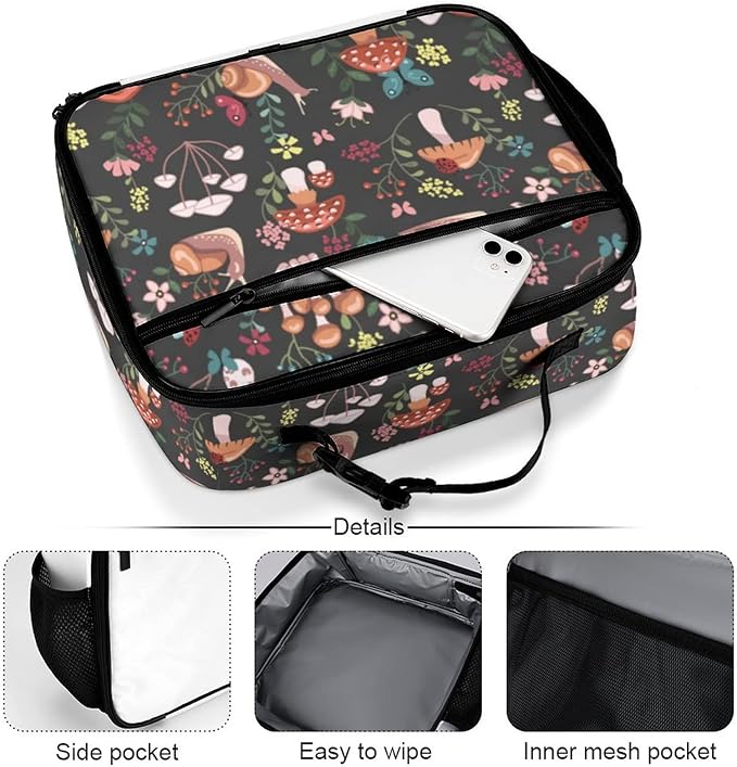 Mushrooms Snails Butterflies Reusable Lunch Box Insulated Lunch Bag Cooler Bag Lunchbox Meal Food Container Tote Bag for Women Kids Girls School Camping Hiking Picnic Beach Travel