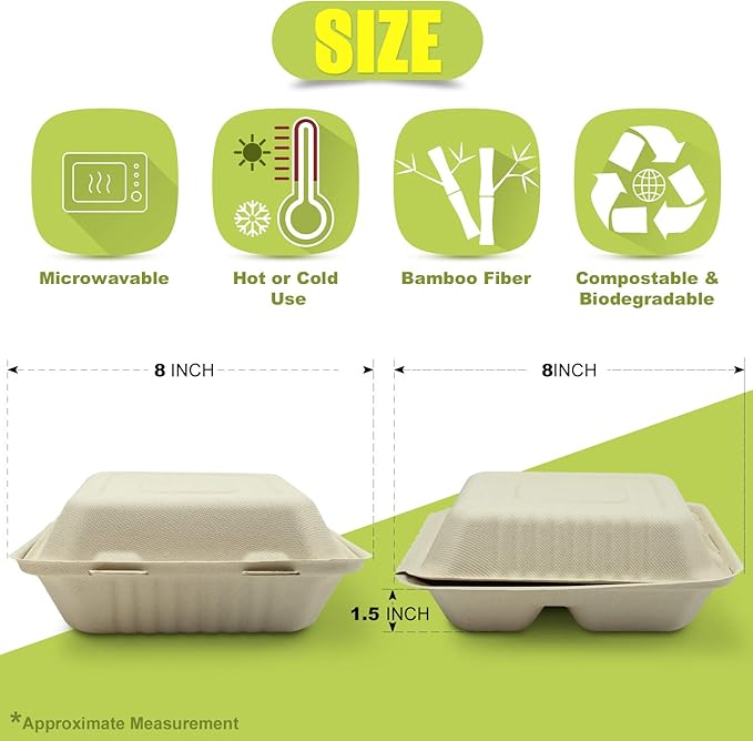 Green Earth, 8-inch, 50-Count, 3-Compartment, Compostable Clamshell, BAM ware (Bamboo Fiber), Take-Out/to-Go Food Boxes - Biodegradable Containers, Hinged Lid Microwave-Safe Gluten-Free