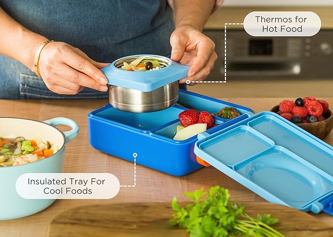 Omie OmieBox Bento Box for Kids - Insulated Lunch Box with Leak Proof Thermos Food Jar - 3 Compartments, 2 Temperature Zones (Blue Sky)