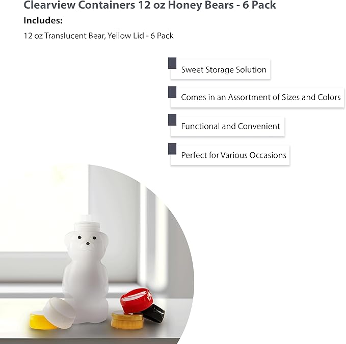 6 Pack of 12 Ounce Translucent Honey Bears with Sealable Yellow Flip Top Lids (12 oz. Translucent Bear, 6pk, Yellow)