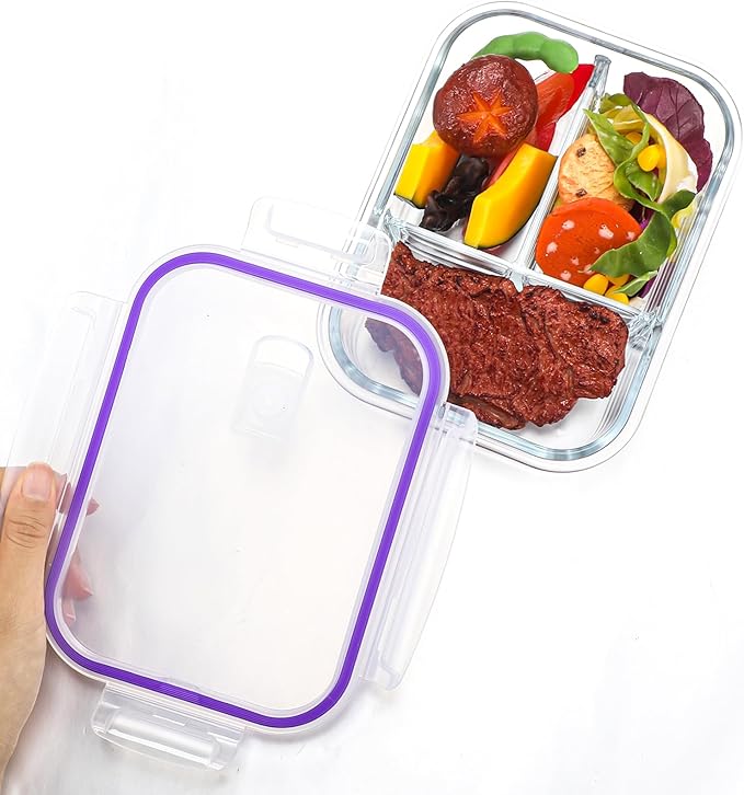 12 Pcs 35 oz Glass Portion Control Containers with 3 Set Knives Forks Spoons Food Storage Containers with Lids 3 Compartment Airtight Lunch Bento Boxes for Adults Diet Balanced Eating