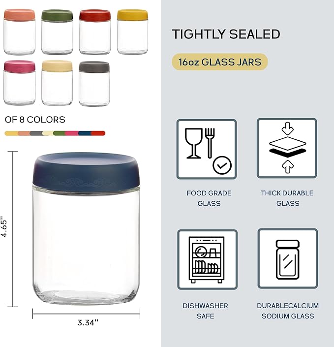16 OZ Glass Food Jar Storage Containers with Airtight Lids, Reusable Wide Mouth Overnight Oats Glass Mason Jars for Snacks Yogurt Pudding(Multicolor 8pack)