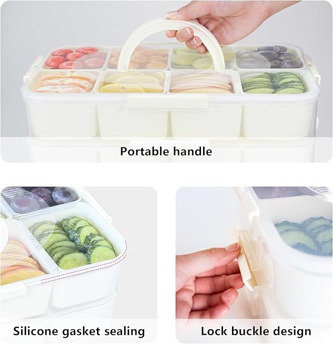Stackable 8 Compartment Snack/Storage Box Container, BPA Free, Microwave & Diswasher Safe, 2 Trays with handles.