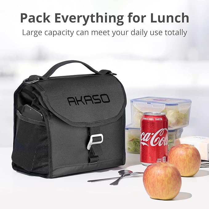 AKASO Insulated Cooler Lunch Bag Packable Lunch Box 12 Can Cooler Bag with Adjustable Shoulder Strap for Office Picnic, Black