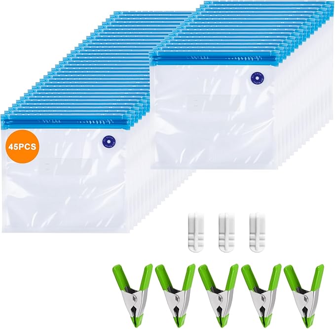 Reusable Sous Vide Bags 53Pcs BPA-Free, 2.9L Vacuum Sealer Bags for Cooking & Microwave, 45 Zipper Bags, 3 Seal Clips & 5 Cooking Clips, Heat-Resistant & Leakproof (10x11in)