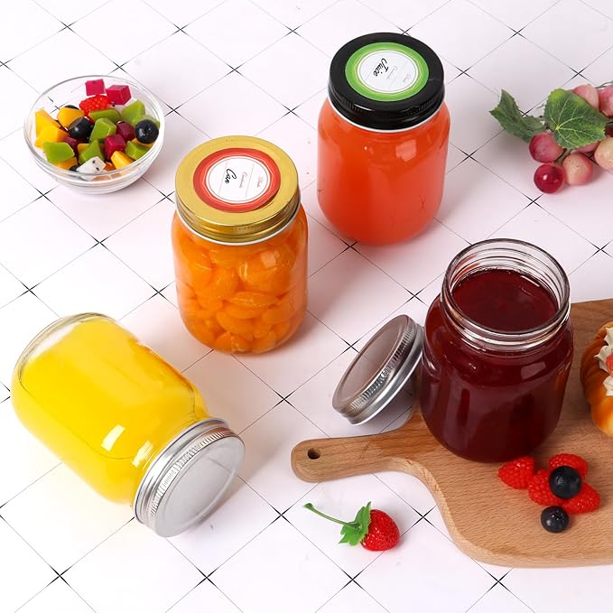 Mason Jars 16 oz with Gold Lids, 15 Pack Canning Jars, Clear Regular Mouth Glass Jars for Canning and Fermenting, Labels & Brusher Included - Microwave & Dishwasher Safe
