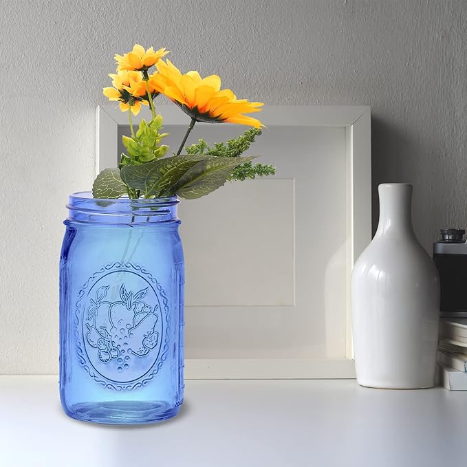 eleganttime Blue Wide Mouth Mason Jars 32 oz,6 Pack Colored Quart Glass Canning Jars with Airtight Lids for Canning,Pickling,Storage,DIY Crafts & Décor