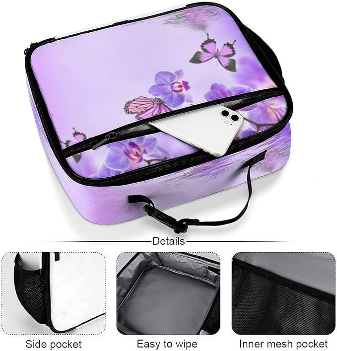 Orchids Butterfly Reusable Lunch Box Insulated Lunch Bag Cooler Bag Lunchbox Meal Food Container Tote Bag for Women Kids Girls School Camping Hiking Picnic Beach Travel