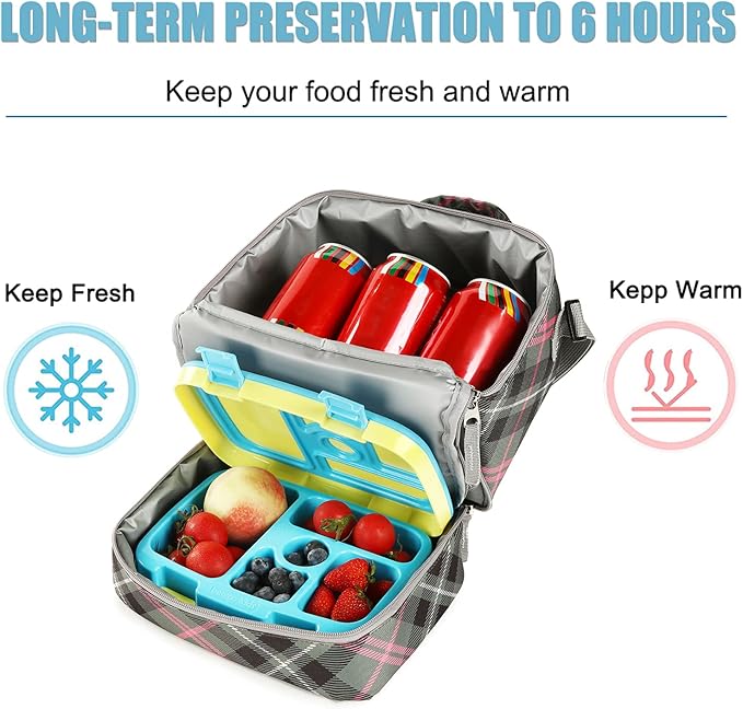 Tilami Lunch Bags Insulated Adjustable Strap Zipper, Water-Resistant Cooler Bags, Bento Bags for Kids Toddlers, Pink Plaid