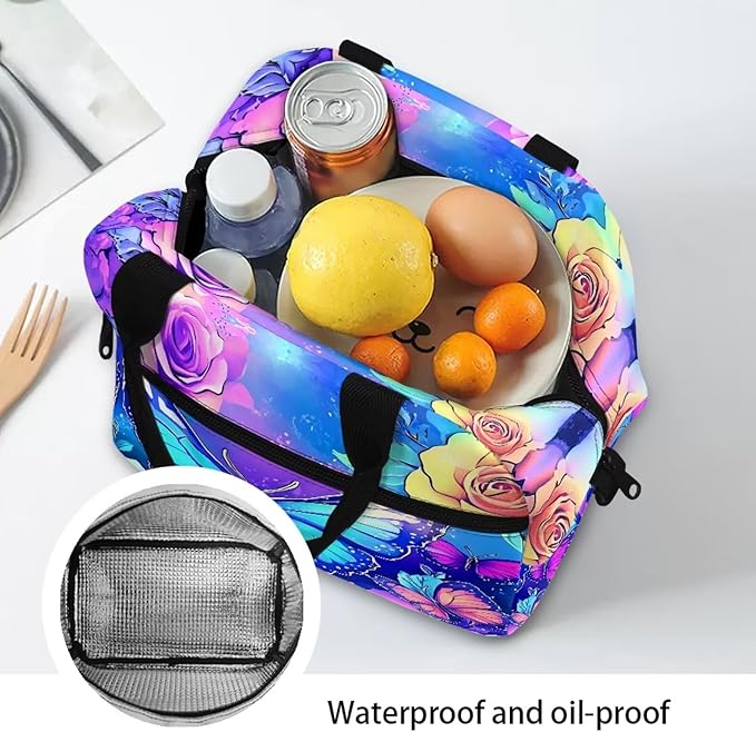 Showudesigns Butterfly Lunch Bag for Teen Girls 12-14 Middle School Lunch Box Insulated Cooler Tote Bag for School Work Office Shopping Lunchbox Food Containers Organizer Purple