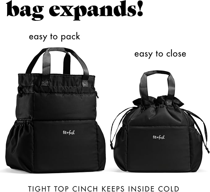Fit & Fresh Lunch Bag For Women, Insulated Womens Lunch Bag For Work, Stain-Resistant Large Lunch Box For Women With Containers, Cinch Closure Cromwell Bag, Black