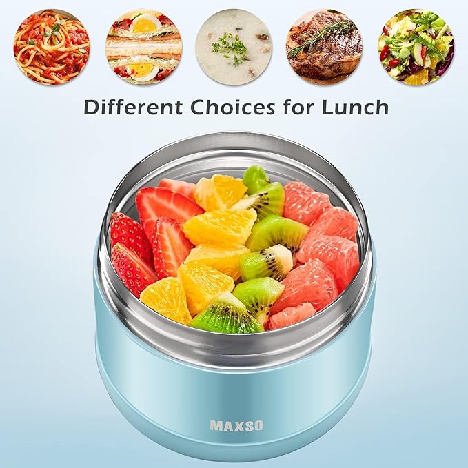 MAXSO Food Jar for Hot Food - 24 OZ Soup Thermo for Adults Vacuum Insulated Lunch Containers with Foldable Spoon & Thermal Bag, Wide Mouth Leakproof Bento Box - Blue