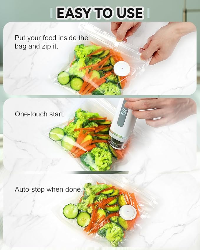 Fiii Vacuum Sealer with 30 Reusable Bags for Food, Powerful Handheld Vacuum Sealer Machine with Visible Water Tank, One Touch Kitchen Storage and Preservation, white & gray