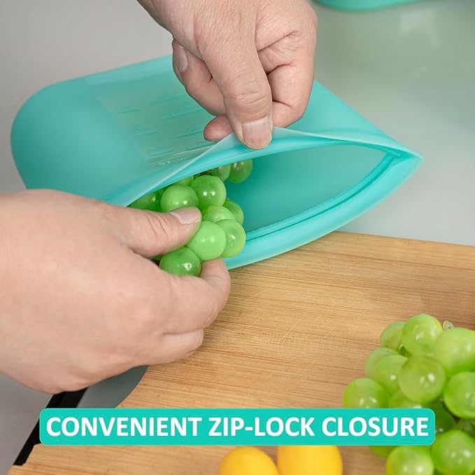 Reusable Freezer Bags Quart Size, 1 Pack, 100% Silicone Stand Up Ziplock Reusable Silicone Food Storage Bags Sandwich Bags Containers, Freezer Microwave Oven Dishwasher Safe, Aqua, 33.8fl.oz