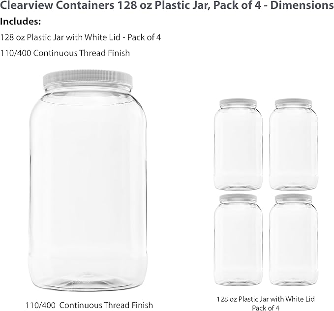 4 Pack of 128 Ounce Plastic Gallon Jars with 110/400 Leak Proof Seal Lid - Food Grade and BPA Free (128oz, 4pk)