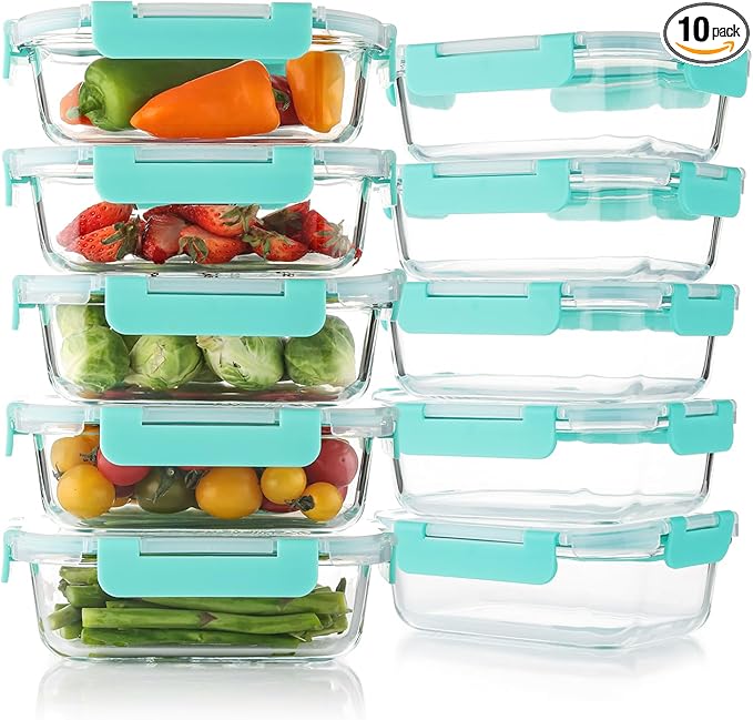 10 Pack 22 Oz Glass Meal Prep Containers with Lids, Reusable Glass Food Storage Containers with Lids, Leak Proof, Microwave, Oven, Freezer and Dishwasher Safe (Green)