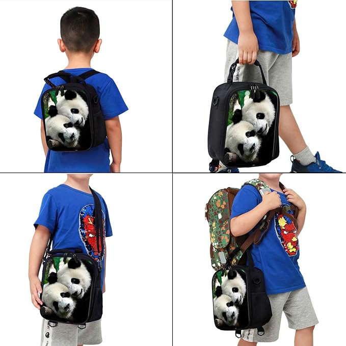 7-Mi Kids Lunch Bag Reusable 3D Design Snack Shoulder Bags with Zipper Online Insulated Thermal Girls Boys Lunch Tote Bags Cooler Box for Picnic(Panda)