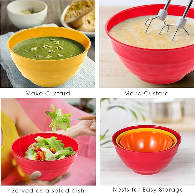 Mixing bowl set with lids, 6 piece melamine nesting bowl set for pasta baking salad mixing, set of 3, three colours,