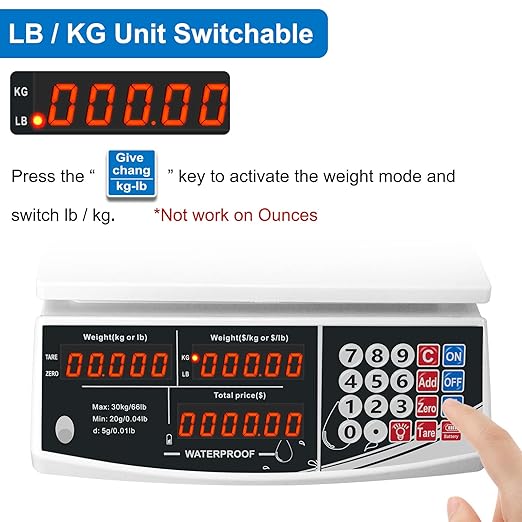 Waterproof Price Computing Scale IP68, 66lb Digital Commercial Food Meat Produce Weight Scale for Farmers Market, Seafood, Rechargeable, Washable, Not for Trade