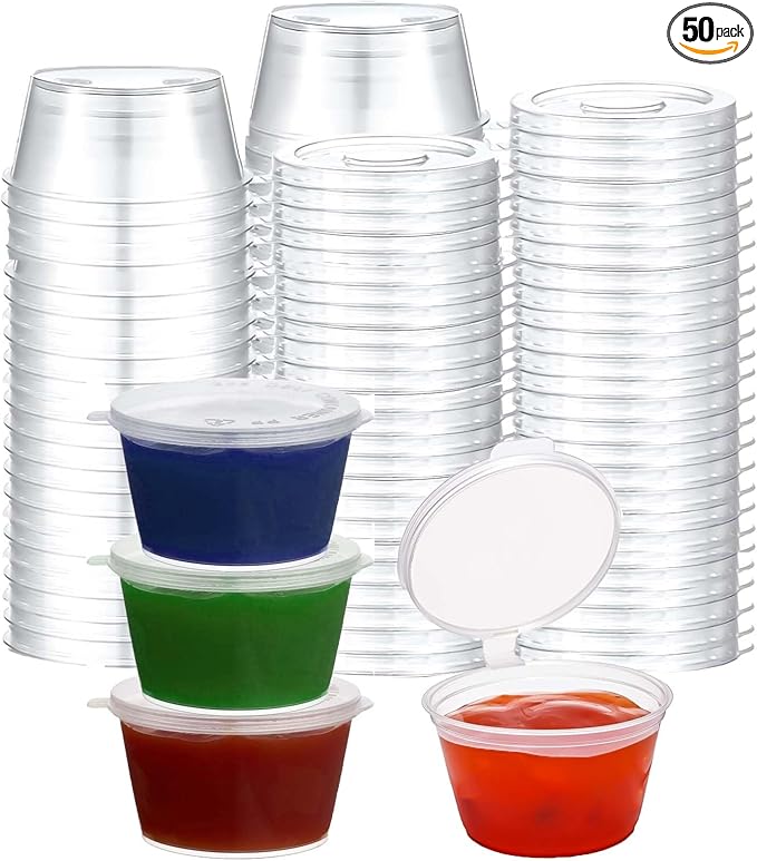 50 Sets 1 2/3 oz Round Shaped Jello Shot Cups with Lids, Small Condiment Containers, Disposable Portion Cups, Plastic Souffle Cup, Mini Sample Tasting Dipping Sauce Cup To Go Bowls, Clear
