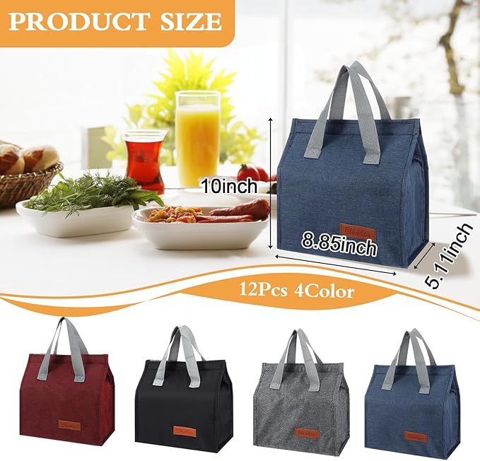 12 Pack Lunch Bags Bulk,Insulated Reusable Lunch Bags with Aluminum for Women Men,Leakproof Tote Large Lunch Box for Office,Work,Beach or Travel,Multicolor