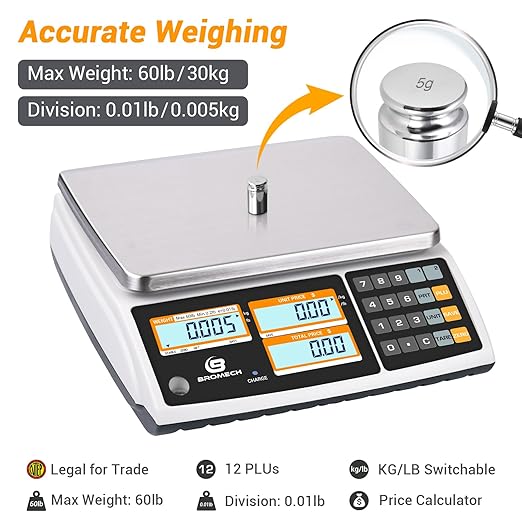 Price Computing Scale NTEP Certified for Legal Trade Rechargeable, Commercial Grade with Dual LCD Display, 60lb Stainless Steel Platform for Meat Shop, Deli, Produce Farmers Market COC#21-001