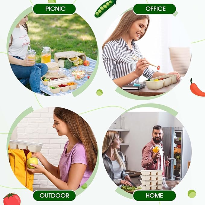 Hushee 100 Pack 17 oz Small Meal Prep Containers 3 Compartments with Lids, Disposable Plastic Bento Boxes Reusable Stackable Food Containers Travel Lunch Boxes for Office, Picnic (Natural)