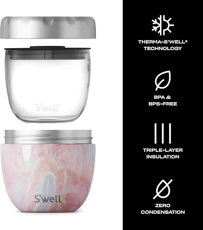 S'well Eats Stainless Steel Food Bowls, 21.5oz, Geode Rose, Triple-Layered Vacuum-Insulated Containers Keeps Food Cold for 11 Hours and Hot for 7 hours, Condensation Free, BPA Free