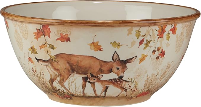 Pine Forest 152 oz. Ceramic Deep Serving Bowl – Large Woodland Forest Themed Bowl with Deer and Autumn Leaves for Mixing, Serving Pasta, Fruit, Holiday Meals, Harvest Sides, or Seasonal Entertaining