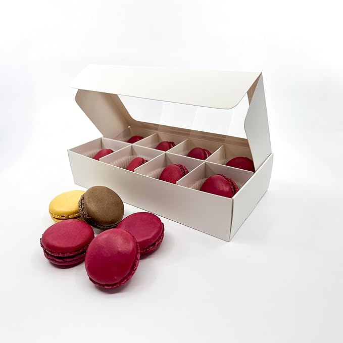 Treat boxes with window and dividers | 8 SMALL compartments | 8.75 x 4.5 x 1.9 in | Chocolate covered strawberries supplies, macaron boxes, baked goods packaging | 10-pack (White)