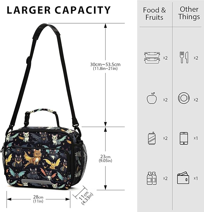 MNSRUU Student Lunch Bag Gothic Skull Cat Bat Insulated DinnerTotes Picnic Bag Lunch Box with Adjustable Shoulder Strap for Teen Kids Adults