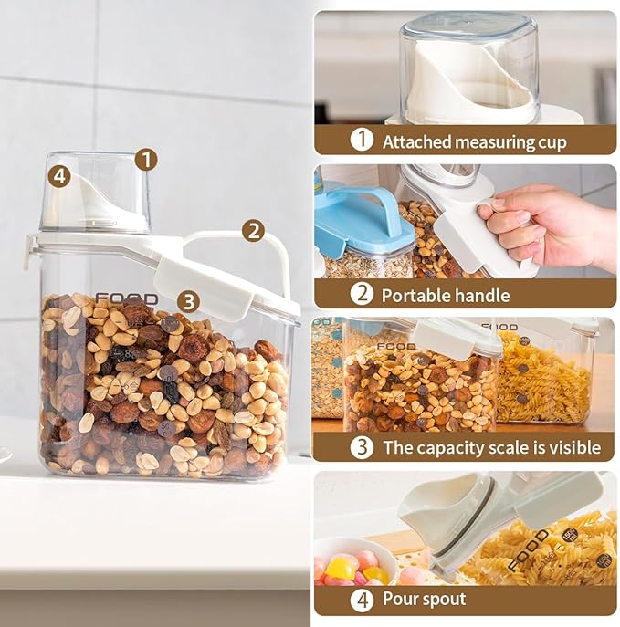1 Piece Cereal Storage Container, 51oz/1.5L Compact Dry Food Storage Containers with Pouring Spout Measuring Cup for for Rice Nuts Beans Pet Food Snacks Candies, BPA Free, 1 PC