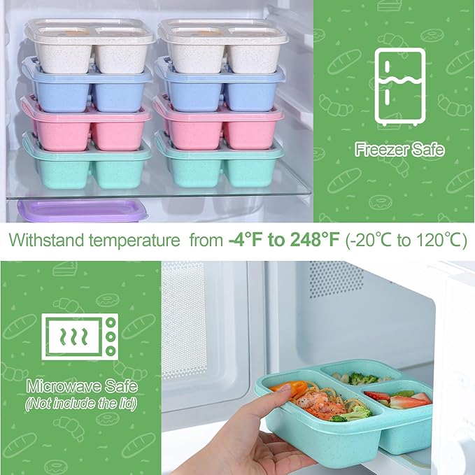 8 Pack Bento Box Lunch Container for Kids with Forks, Divided Lunch Boxes Meal Prep Food Storage Containers for Adults, Reusable Portion Control Container for School Work Travel Camp (20 OZ)