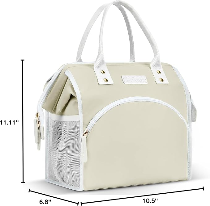 LOKASS Lunch Bag Women Insulated Lunch Box Wide-Open Lunch Tote Bag Large Waterproof Cooler Bag for Work Picnic Hiking Beach(Beige)