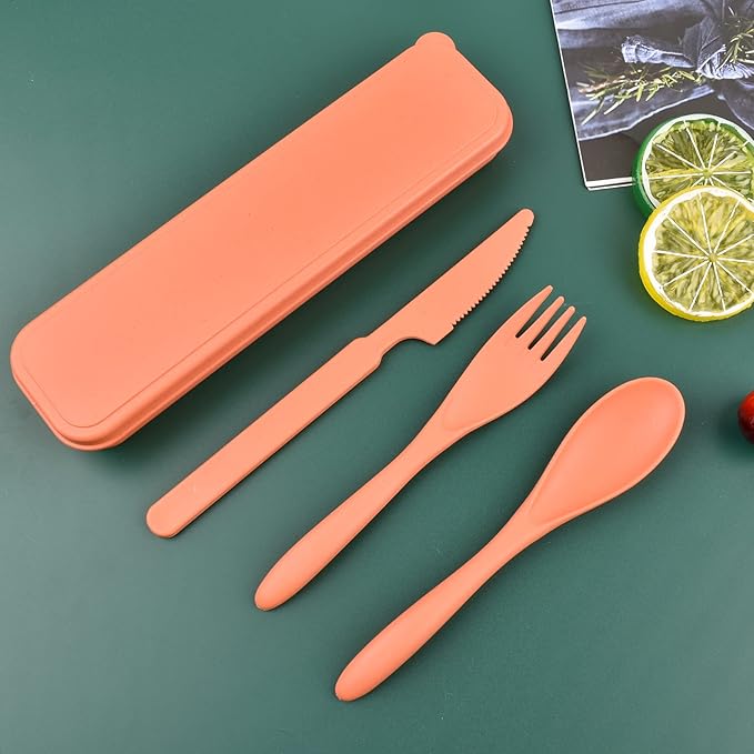 Travel Cutlery Set with Case, Portable Dark Wheat Straw Silverware Utensils Set for Adults, Tableware Camping Utensils for Kitchens Travel Picnic Camping or Daily Use (Dark orange)